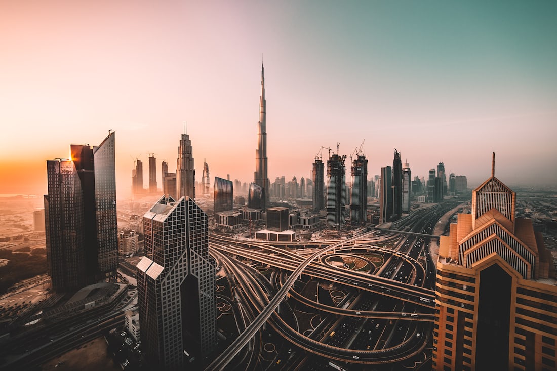 Dubai skyline with landmark residential towers at sunset